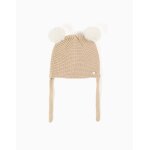 Bonnet en maille avec pompons et liens � nouer beige clair