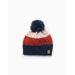 Bonnet ray avec pompon bleu beige orange