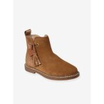 Boots enfant fille cuir  pompon zippes collection maternelle camel