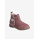 Boots enfant fille cuir  pompon zippes rose
