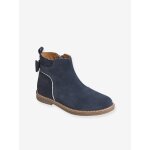 Boots enfant fille cuir zippes noeud fantaisie bleu fonce uni