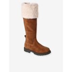 Bottes cavalires fourres zippes cuir fille marron
