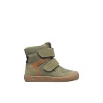 Bottines barefoot enfant en daim et tissu koddas � scratch, imperm�ables kaki - marron