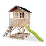 Cabane en bois loft - avec toboggan, v�randa et bac � sable beige