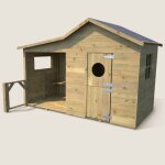 Cabane en bois trait� avec pr�au et banc hacienda marron