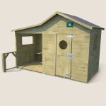 Cabane en bois trait� avec pr�au et banc hacienda marron