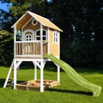Cabane sur pilotis en bois avec toboggan et bac À sable vert citron Cabane sur pilotis en bois avec toboggan et bac À sable vert citron
