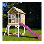 Cabane sur pilotis en bois avec toboggan et bac À sable violet Cabane sur pilotis en bois avec toboggan et bac À sable violet