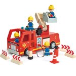 Camion de pompiers en bois rouge, bleu, blanc