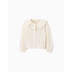 Cardigan en coton avec maille ajour�e et volants beige clair