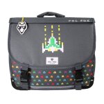Cartable 38 cm gar�on pol fox space invader avec 2 compartiments cp / ce1 / ce2 gris � motifs r�tro gaming ...