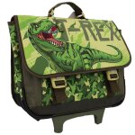 Cartable � roulettes t - rex deux compartiments toile renforc�e vert / bois