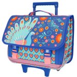Cartable trolley scolaire motif paon avec 2 compartiments 41 cm bleu