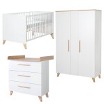Chambre b�b� 3 pi�ces - lit �volutif + commode � langer et armoire leon blanc - ch�ne othello