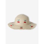 Chapeau en paille de papier avec cerises brodes fille cru