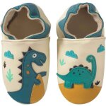Chaussons b�b� cuir souple th�odore et isaure les dinosaures beige