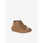 Chaussons b�b� cuir souple zip marron