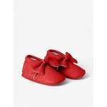 Chaussons bow b�b� en cuir vegan rouge