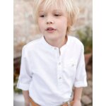 Chemise col mao en coton / lin garon manches retroussables blanc