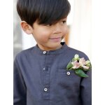 Chemise col mao en coton / lin garon manches retroussables bleu ardoise