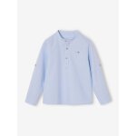 Chemise col mao en coton / lin garon manches retroussables bleu ciel