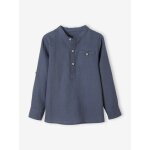 Chemise col mao en coton / lin garon manches retroussables bleu moyen