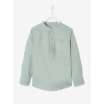 Chemise col mao en coton / lin garon manches retroussables vert