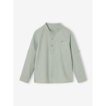 Chemise col mao en coton / lin garon manches retroussables vert sauge