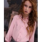 Chemise fille en toile avec broderies de gemmes et manches longues rose