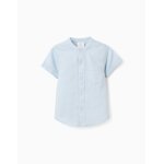Chemise � manches courtes en lin et coton avec poche bleu clair