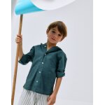 Chemise � manches longues en lin et coton avec capuche bleu