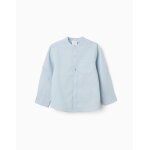 Chemise � manches longues en lin et coton avec col mao bleu clair