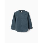 Chemise � manches longues en lin et coton avec col mao bleu fonc�