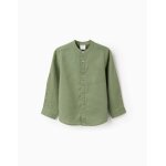 Chemise � manches longues en lin et coton avec col mao vert