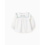 Chemise en serg lger brode de fleurs blanc