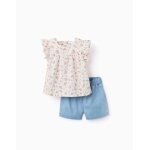 Chemisier � motif floral et short en jean beige clair