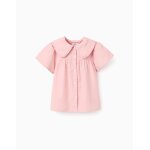 Chemisier en popeline � manches courtes et col maxi rose clair
