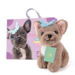 Chiot bouledogue fran�ais avec valise, passeport et un livre d'autocollants multicolor