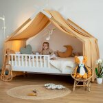 Ciel de lit cabane toile en double gaze pois dors camel  pois or
