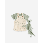 Coffret 3 pièces tee - shirt + salopette personnalisable + doudou bébé vert sauge Coffret 3 pièces tee - shirt + salopette personnalisable + doudou bébé vert sauge