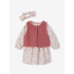 Coffret b�b� robe + gilet + bandeau vieux rose
