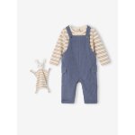 Coffret bb t - shirt manches longues + salopette + doudou bleu gris
