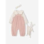 Coffret bb t - shirt + salopette + bandeau + doudou rose poudr