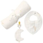Coffret cadeau attache - sucette, bavoir bandana et lange xl moon & stars blanc , jaune