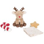 Coffret cadeau no�l, doudou, un hochet et une peluche renne marron, rouge, jaune