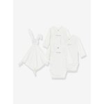 Coffret naissance 3 bodies en coton brod� et doudou lapin �cru