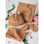 Coffret no�l bonnet ourson, snood et moufles b�b� noix de p�can