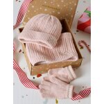 Coffret no�l fille bonnet + snood + moufles / gants rose poudr�