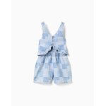 Combishort en jean � carreaux et volants bleu clair