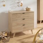 Commode 3 tiroirs poign�es m�tal - d�cor bois h�tre charme - mia marron